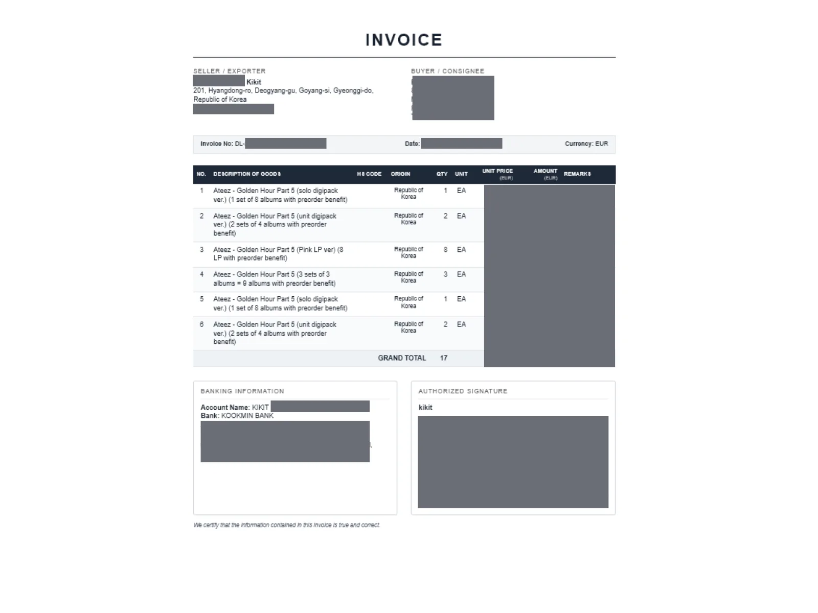 Commercial invoice for a K-pop export shipment from Korea